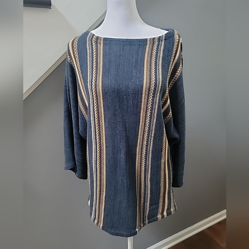 Lauren Ralph Lauren Blue Knit Striped Sweater Size Large Linen/Cotton Blend